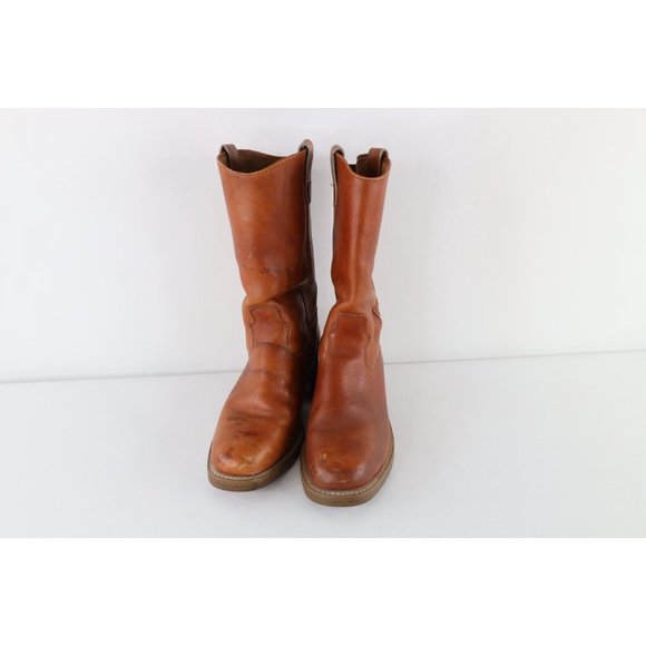 Vtg 70s Mens 8.5 E Distressed Steel Toe Leather Western Cowboy Boots Brown USA main image 10